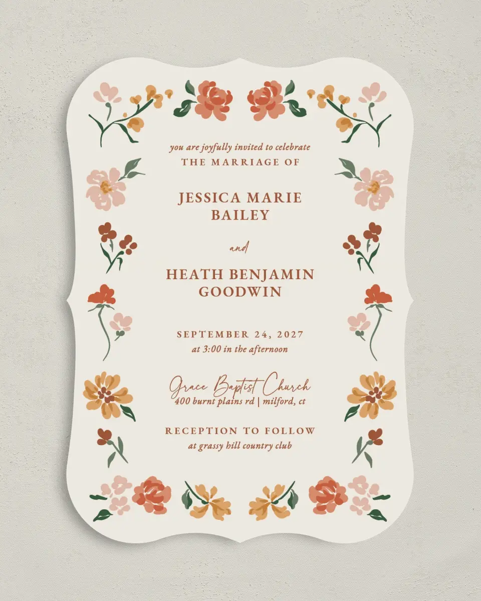 This is a 5" x 7" Bracket Wedding Invitation called Plush Petals printed in full color with Silver foil on Luxe Satin (coated) paper
