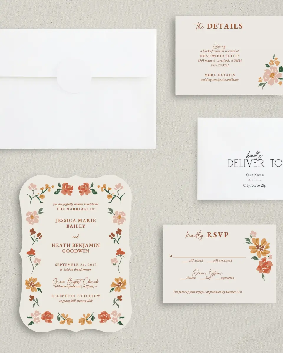 This is a 5" x 7" Bracket Wedding Invitation called Plush Petals printed in full color with Silver foil on Luxe Satin (coated) paper