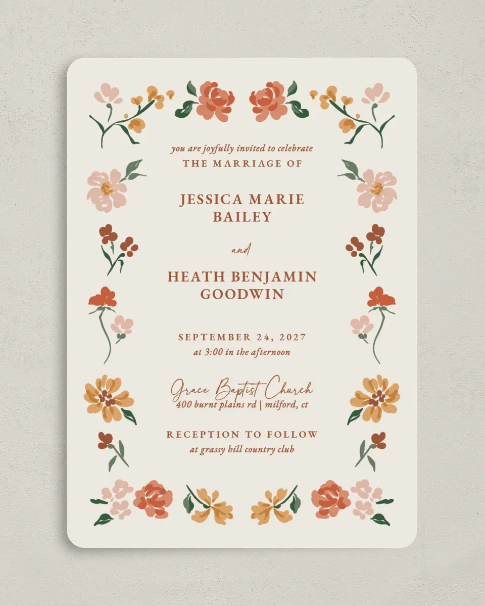 This is a 5" x 7" Rounded Wedding Invitation called Plush Petals printed in full color with Gold foil on Premium Smooth paper