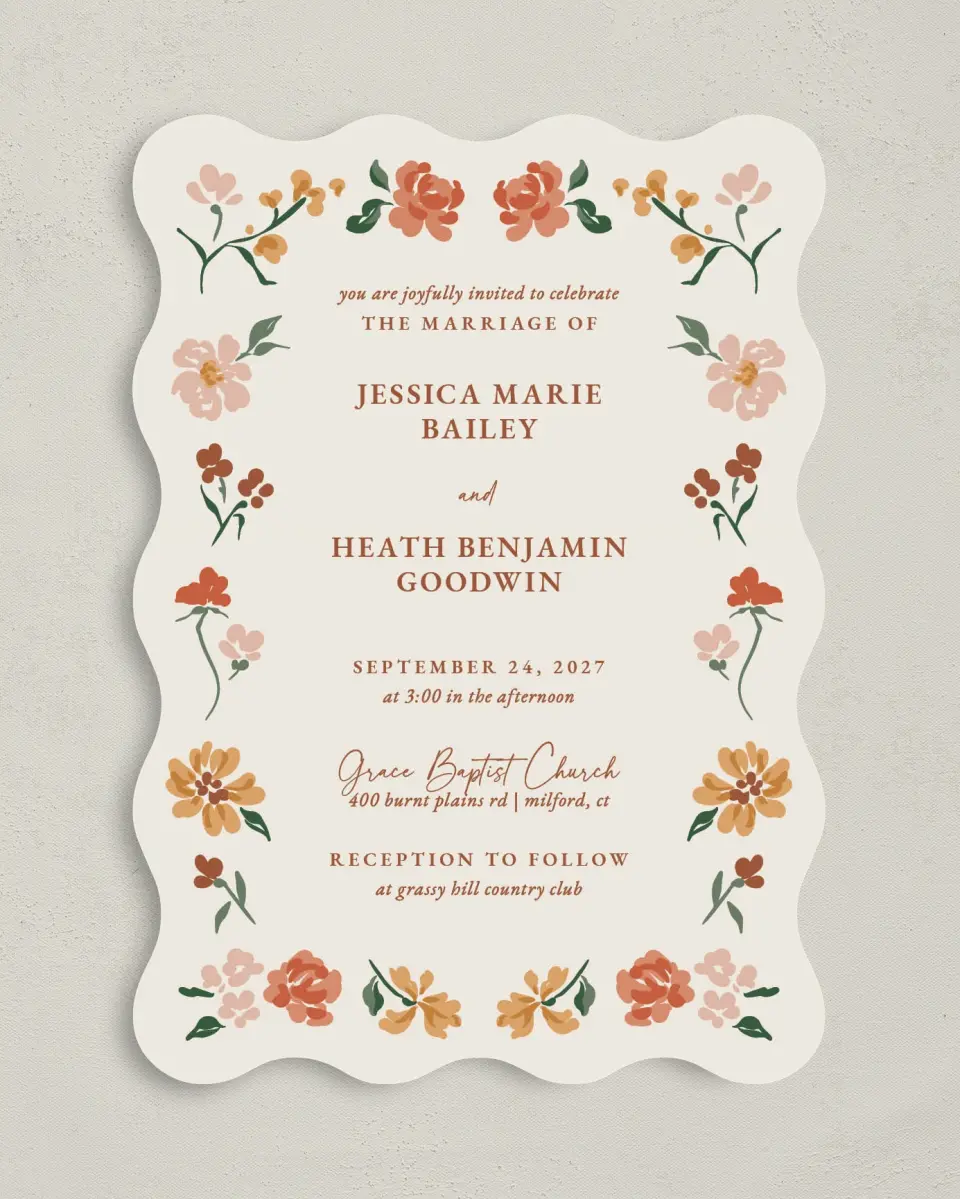This is a 5" x 7" Wavy Wedding Invitation called Plush Petals printed in full color with Gold foil on Premium Smooth paper