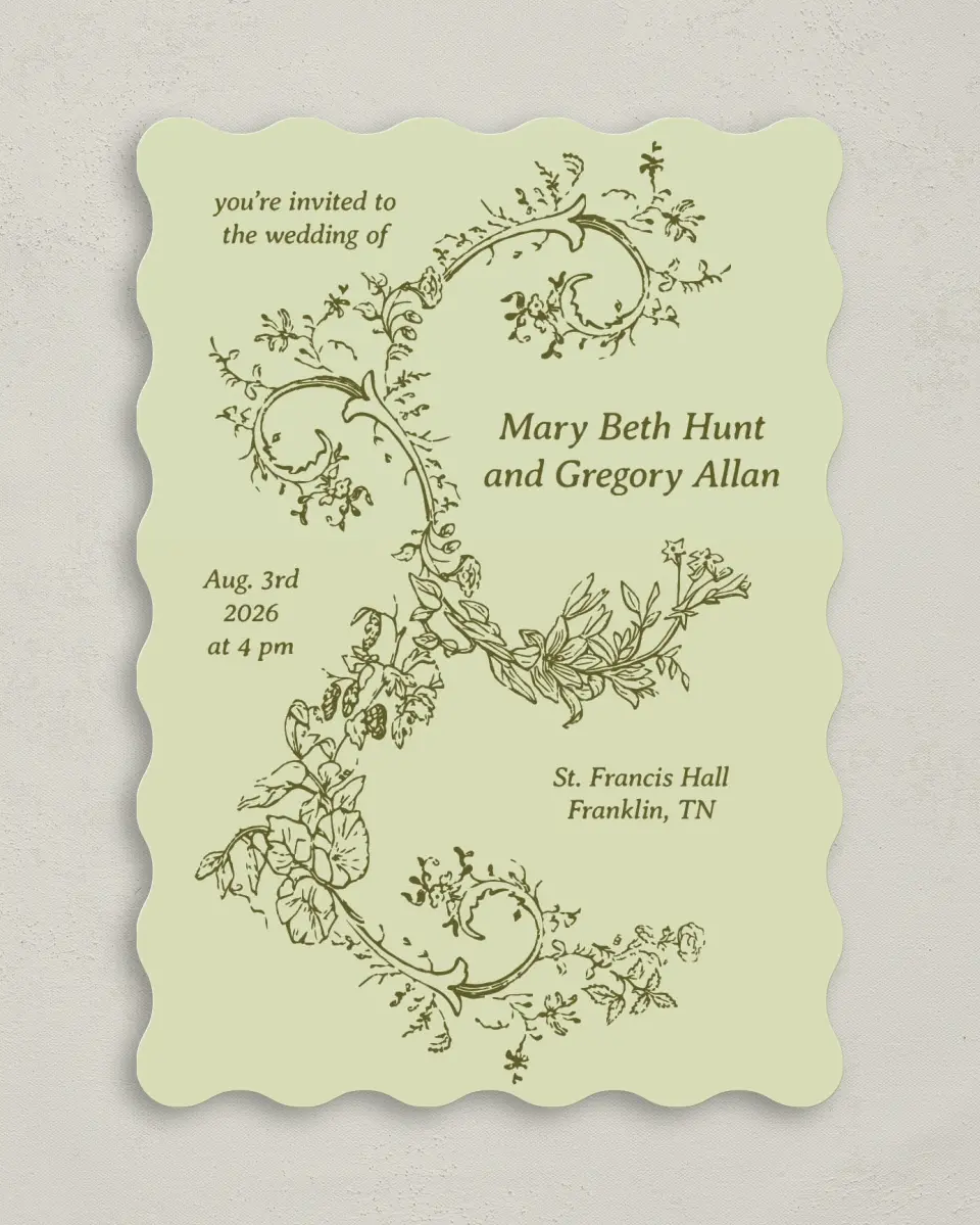This is a 5" x 7" Wavy Wedding Invitation called Vintage Chinoiserie printed in full color with Gold foil on Premium Smooth paper