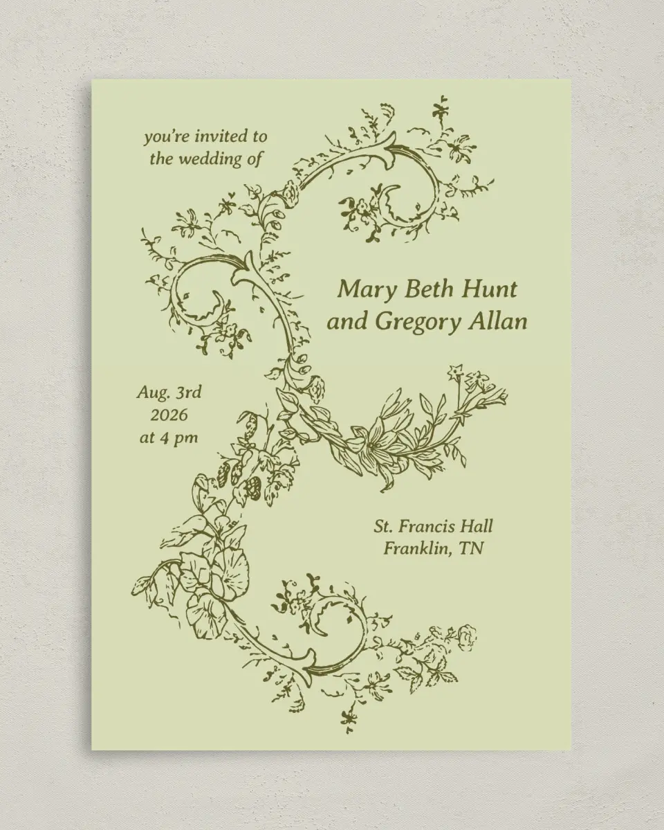 This is a 5" x 7" Classic Wedding Invitation called Vintage Chinoiserie printed in full color with Gold foil on Premium Smooth paper