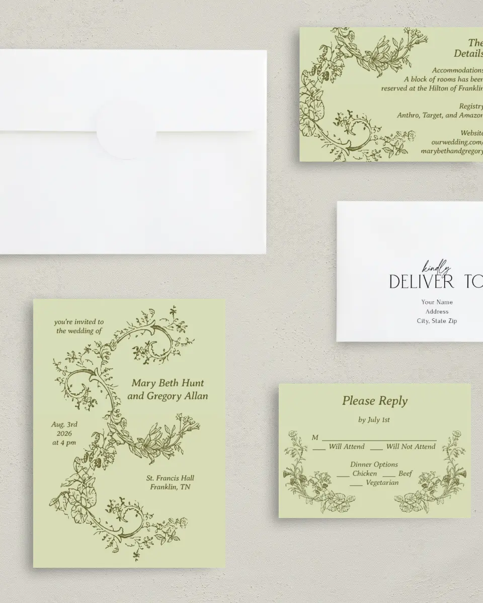 This is a 5" x 7" Classic Wedding Invitation called Vintage Chinoiserie printed in full color with Gold foil on Premium Smooth paper