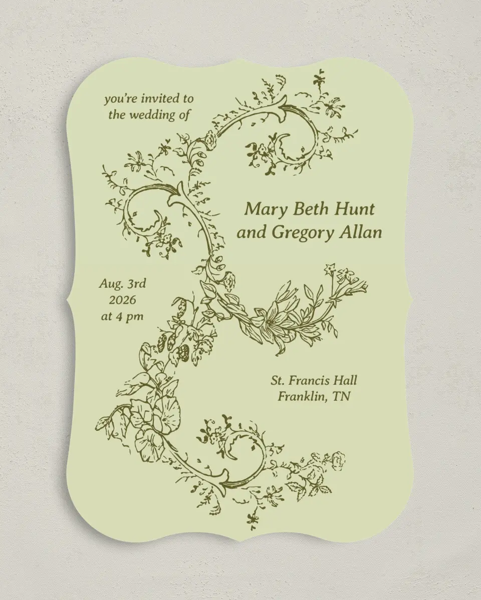 This is a 5" x 7" Bracket Wedding Invitation called Vintage Chinoiserie printed in full color with Gold foil on Premium Smooth paper