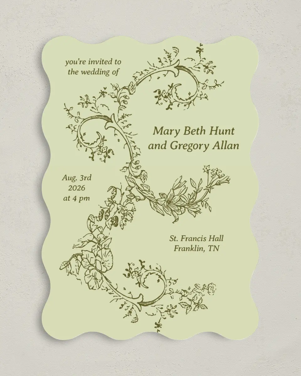 This is a 5" x 7" Wavy Wedding Invitation called Vintage Chinoiserie printed in full color with Gold foil on Premium Smooth paper