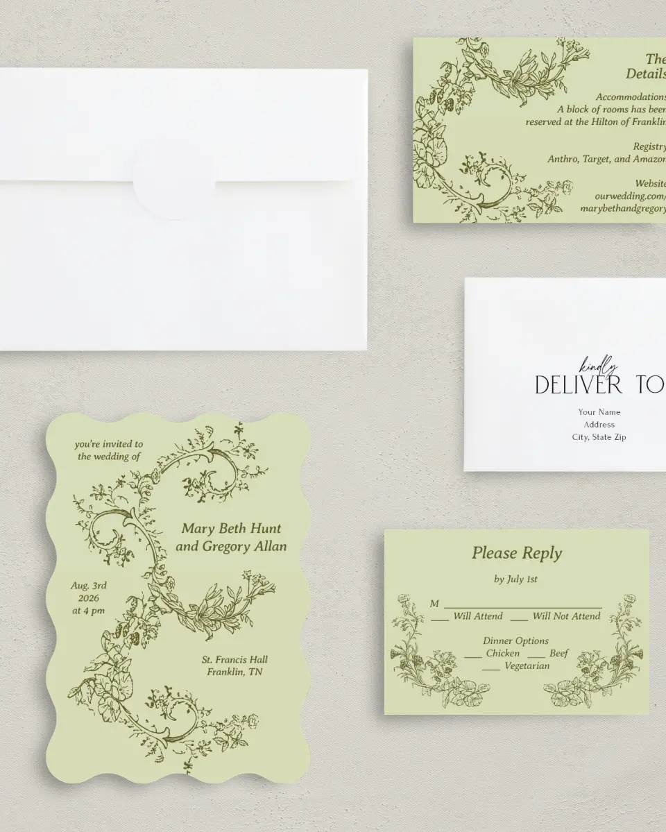 This is a 5" x 7" Wavy Wedding Invitation called Vintage Chinoiserie printed in full color with Gold foil on Premium Smooth paper