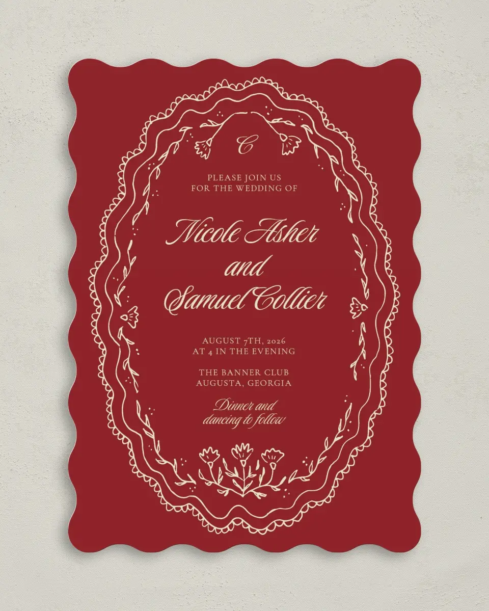 This is a 5" x 7" Wavy Wedding Invitation called Bloom & Crest printed in full color with Gold foil on Premium Smooth paper