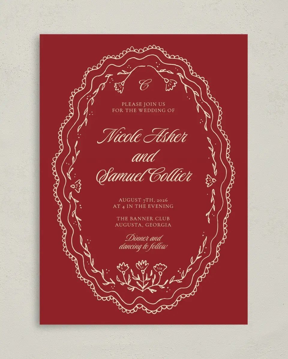 This is a 5" x 7" Classic Wedding Invitation called Bloom & Crest printed in full color with Gold foil on Premium Smooth paper