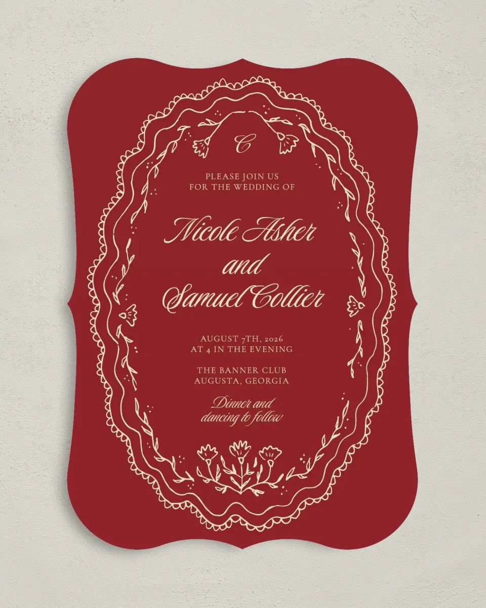 This is a 5" x 7" Bracket Wedding Invitation called Bloom & Crest printed in full color with Gold foil on Premium Smooth paper
