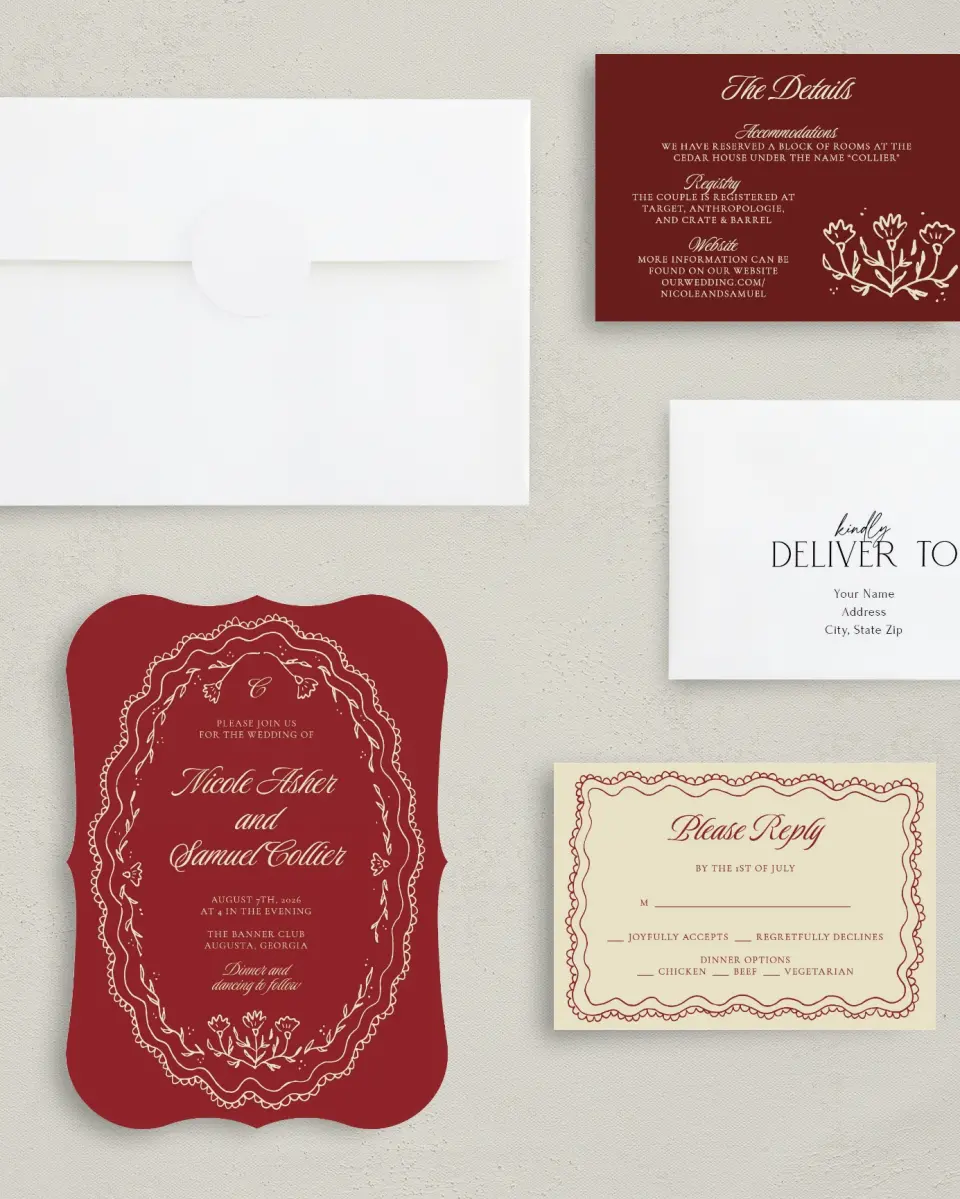This is a 5" x 7" Bracket Wedding Invitation called Bloom & Crest printed in full color with Gold foil on Premium Smooth paper