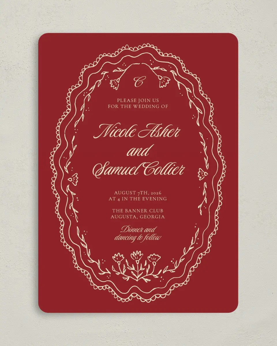 This is a 5" x 7" Rounded Wedding Invitation called Bloom & Crest printed in full color with Gold foil on Premium Smooth paper