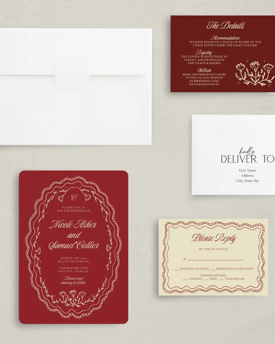 This is a 5" x 7" Rounded Wedding Invitation called Bloom & Crest printed in full color with Gold foil on Premium Smooth paper