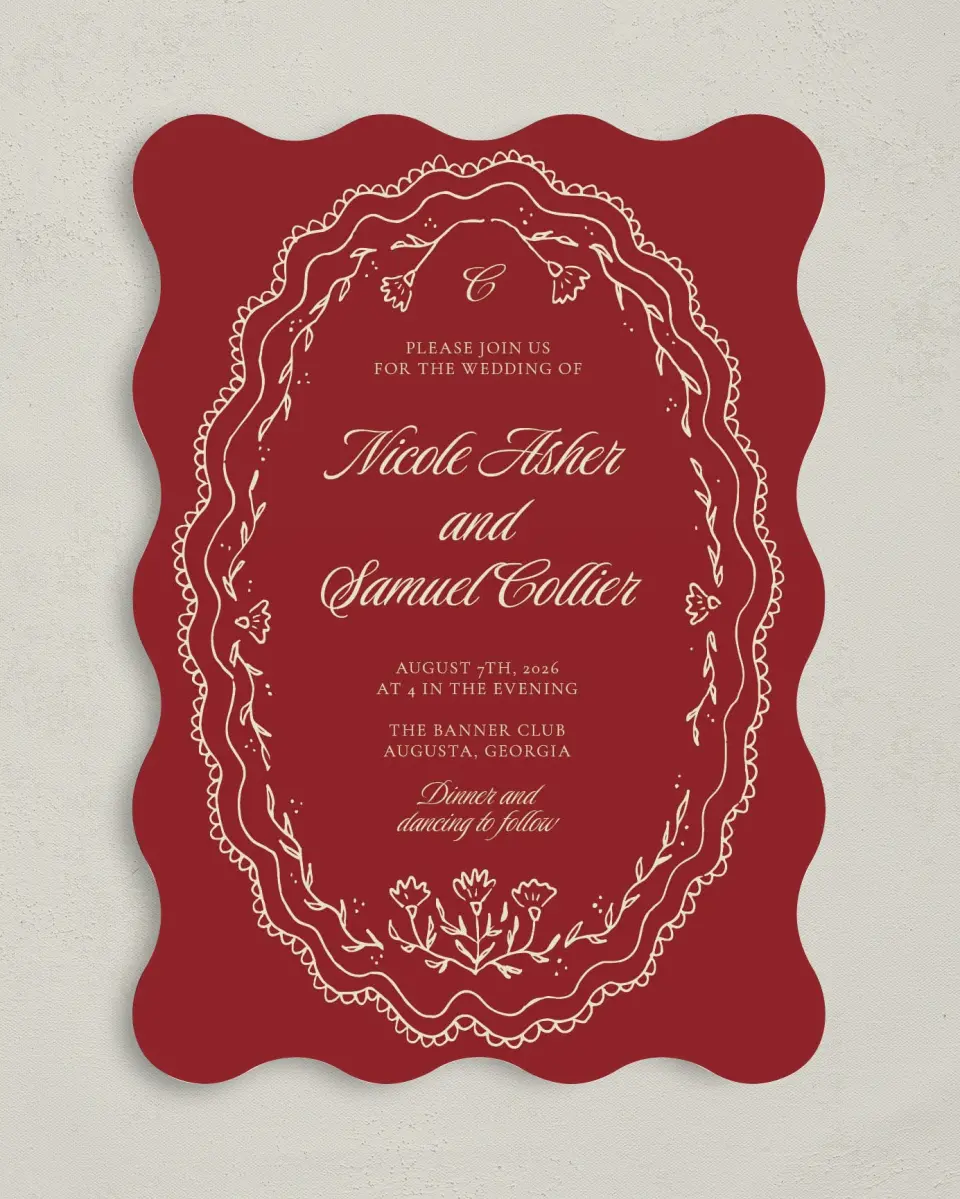 This is a 5" x 7" Wavy Wedding Invitation called Bloom & Crest printed in full color with Silver foil on Luxe Satin (coated) paper