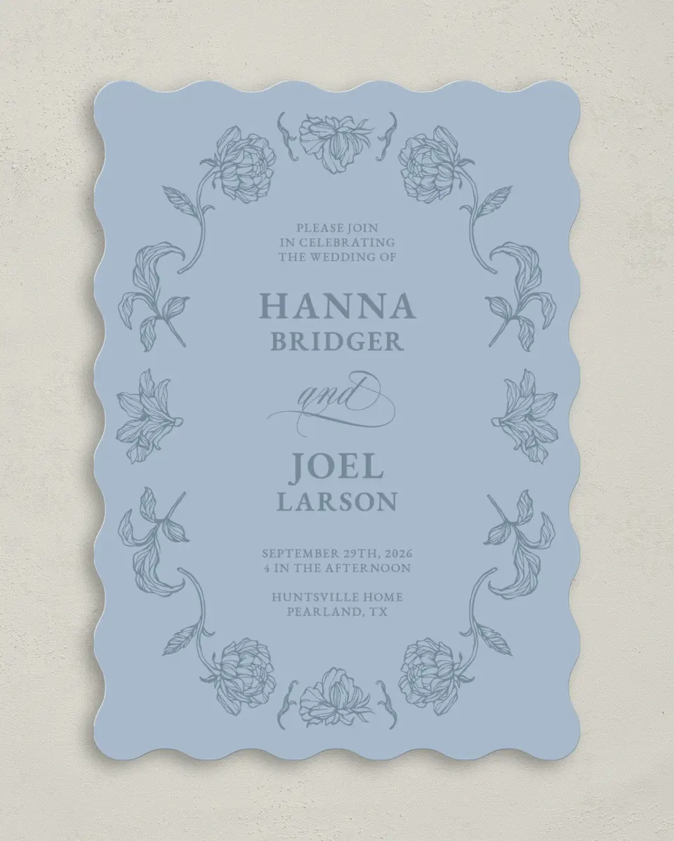 This is a 5" x 7" Wavy Wedding Invitation called Pressed Petals printed in full color with Gold foil on Premium Smooth paper