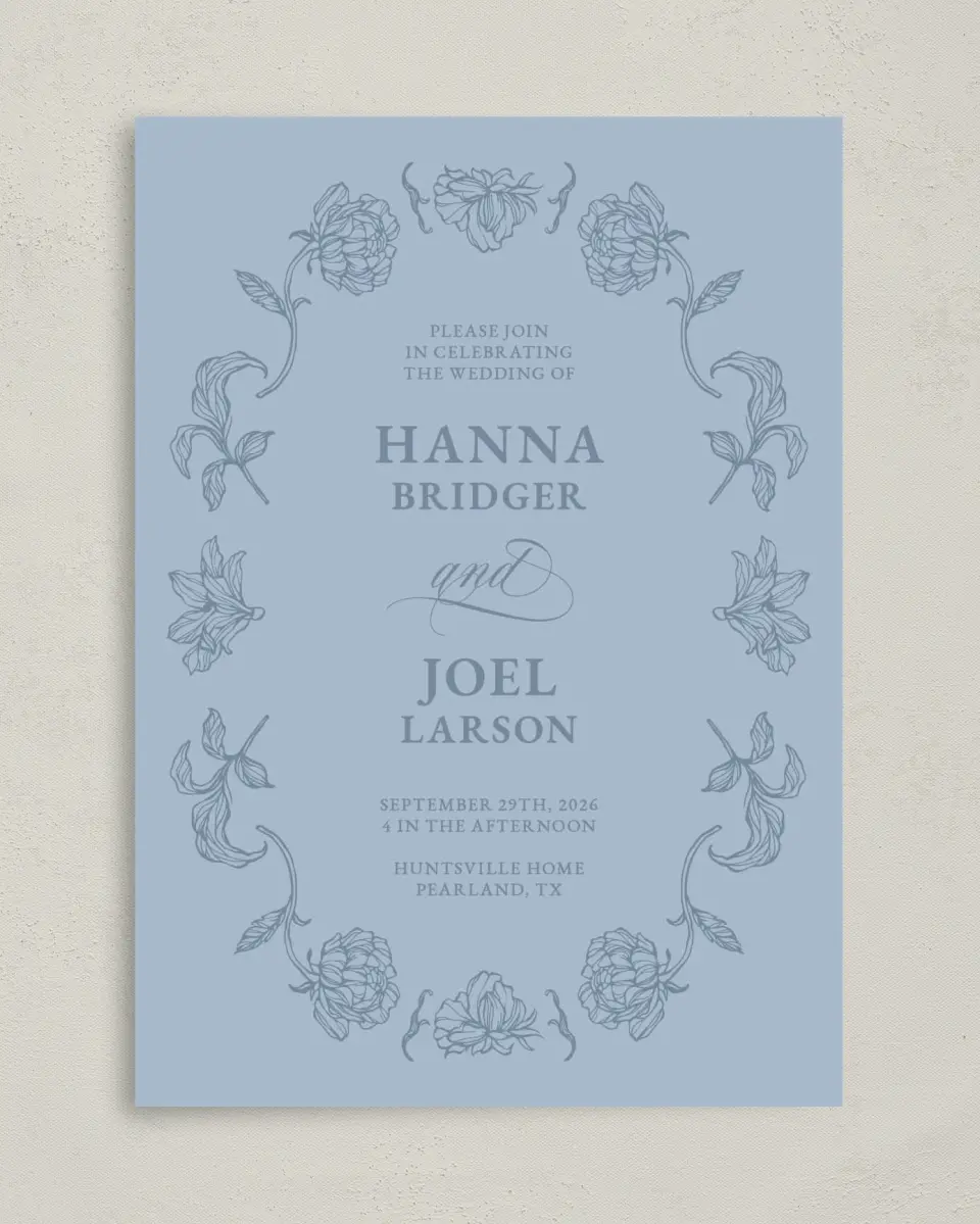 This is a 5" x 7" Classic Wedding Invitation called Pressed Petals printed in full color with Gold foil on Premium Smooth paper