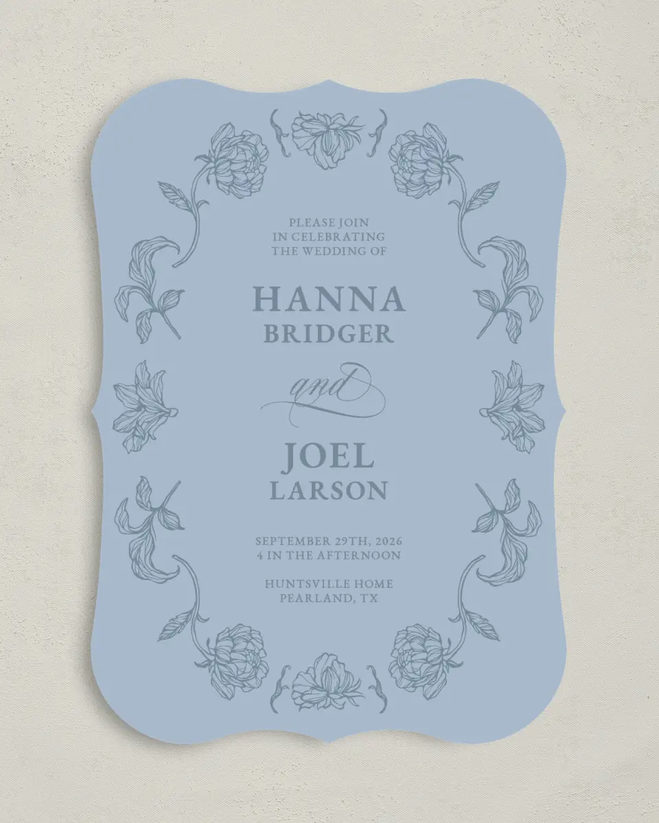 This is a 5" x 7" Bracket Wedding Invitation called Pressed Petals printed in full color with Silver foil on Luxe Satin (coated) paper