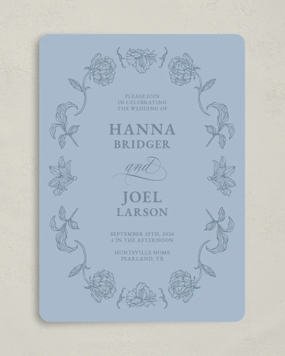 This is a 5" x 7" Rounded Wedding Invitation called Pressed Petals printed in full color with Gold foil on Premium Smooth paper