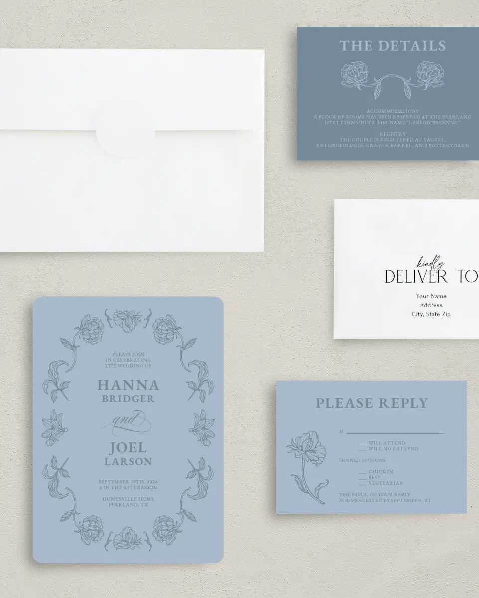 This is a 5" x 7" Rounded Wedding Invitation called Pressed Petals printed in full color with Gold foil on Premium Smooth paper