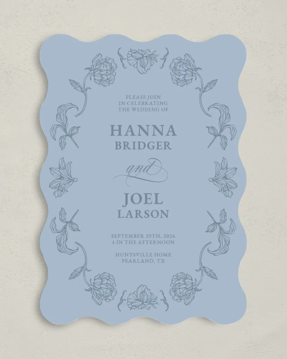 This is a 5" x 7" Wavy Wedding Invitation called Pressed Petals printed in full color with Silver foil on Luxe Satin (coated) paper