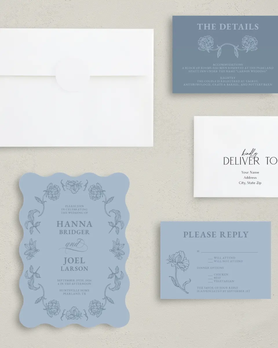This is a 5" x 7" Wavy Wedding Invitation called Pressed Petals printed in full color with Silver foil on Luxe Satin (coated) paper