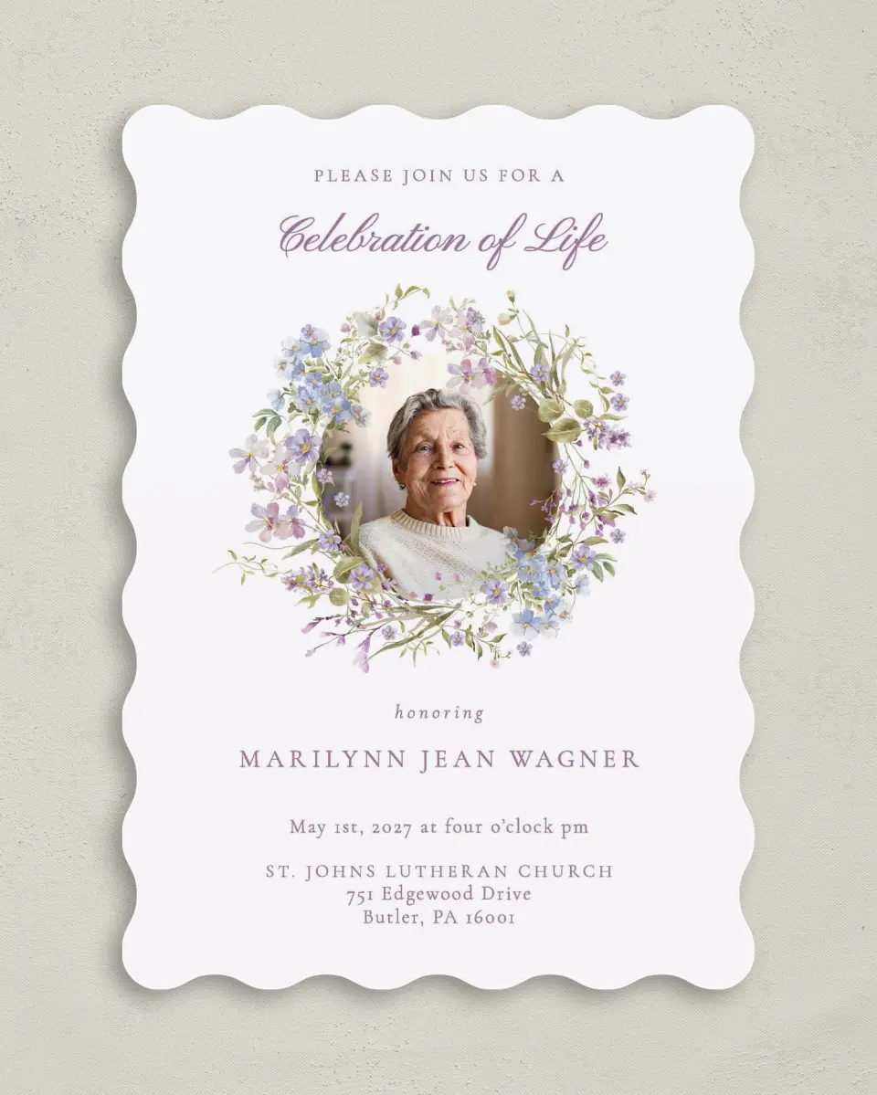 This is a 5" x 7" Celebration of Life Invitation called Forever Blooming printed in full color with Rose Gold foil on Luxe Satin (coated) paper