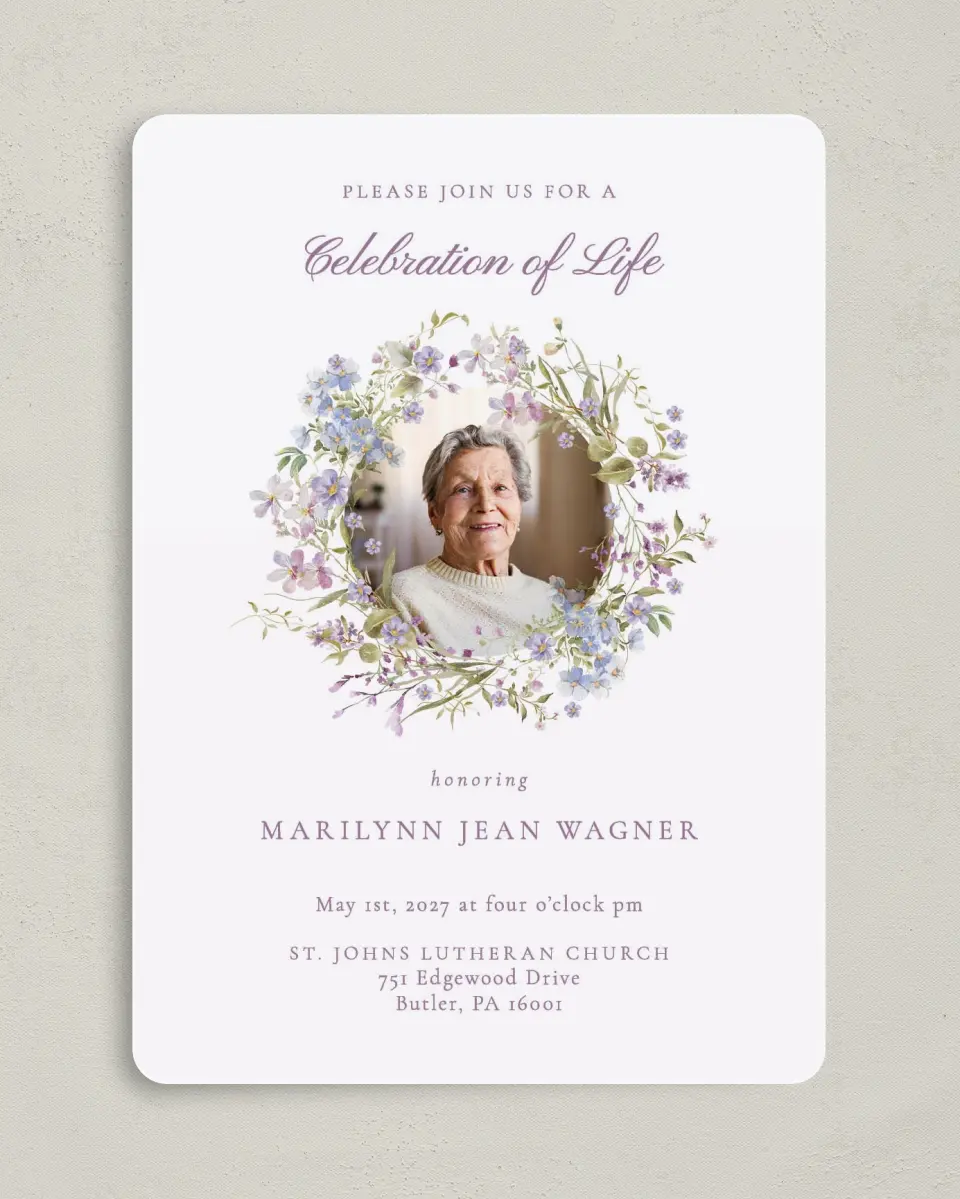 This is a 5" x 7" Celebration of Life Invitation called Forever Blooming printed in full color with Rose Gold foil on Luxe Satin (coated) paper