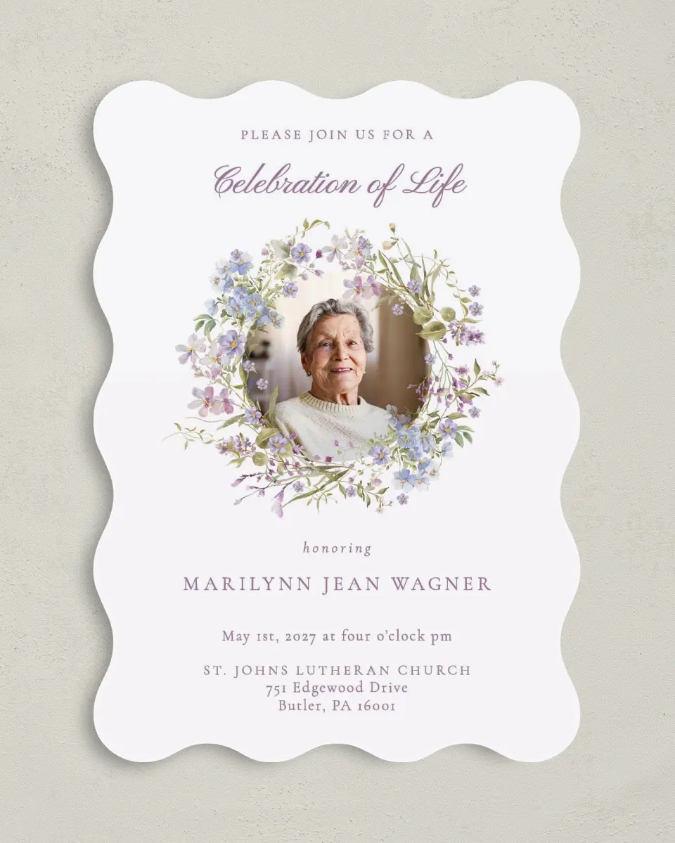 This is a 5" x 7" Celebration of Life Invitation called Forever Blooming printed in full color with Rose Gold foil on Luxe Satin (coated) paper
