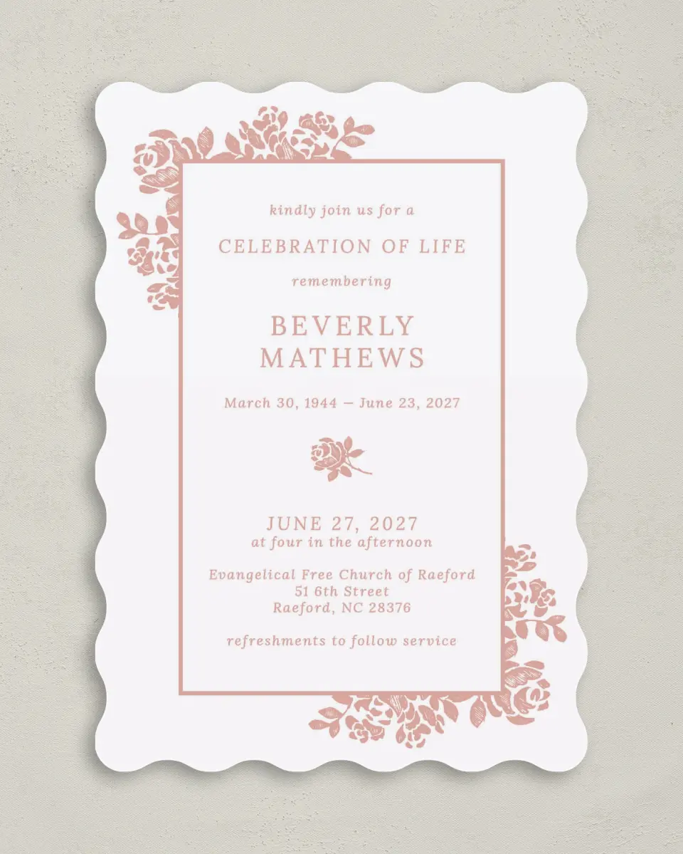 This is a 5" x 7" Celebration of Life Invitation called Beloved Blooms printed in full color with Rose Gold foil on Luxe Satin (coated) paper