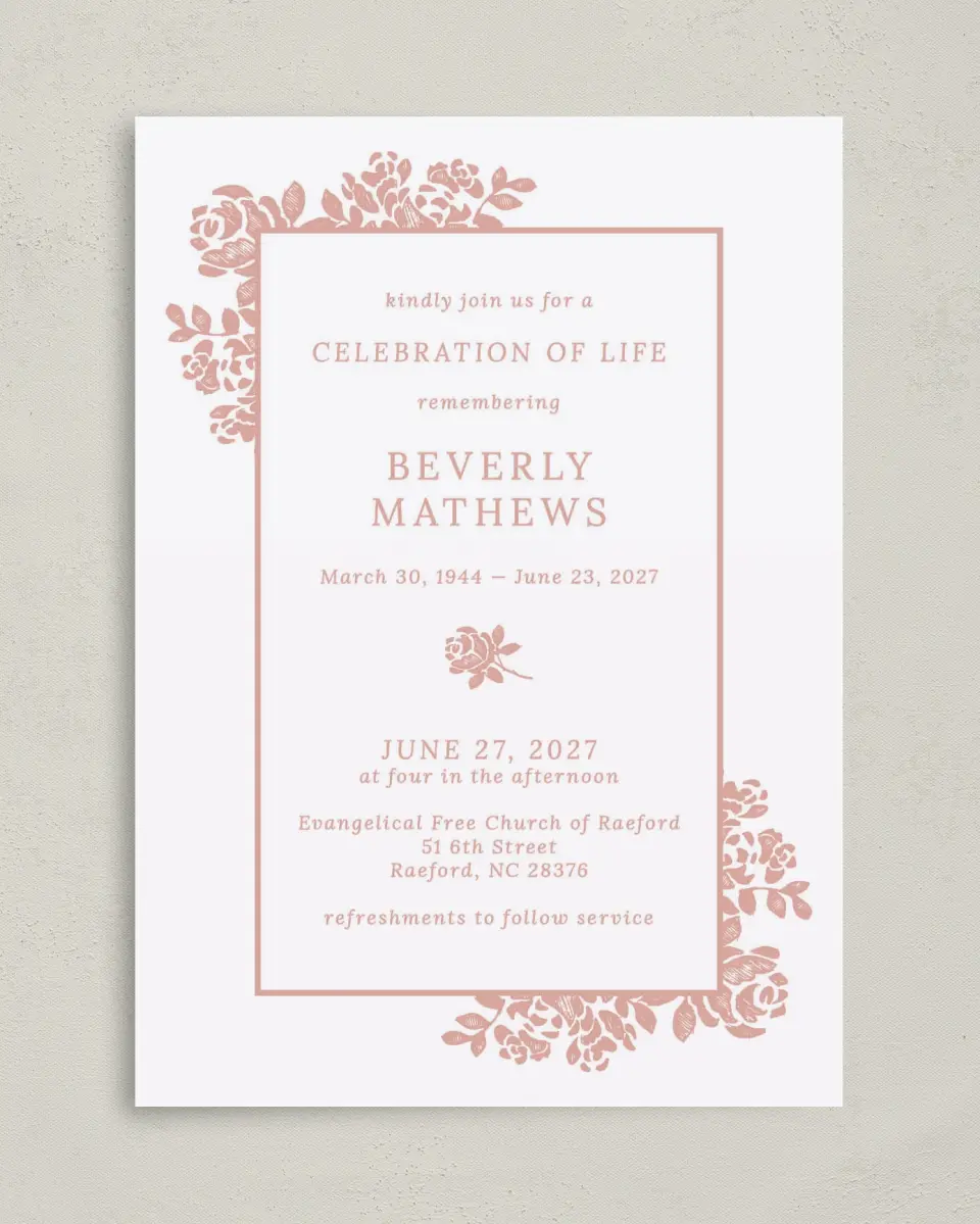 This is a 5" x 7" Celebration of Life Invitation called Beloved Blooms printed in full color on Premium Smooth paper
