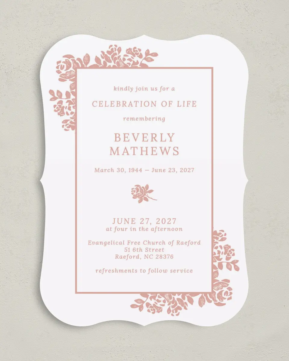 This is a 5" x 7" Celebration of Life Invitation called Beloved Blooms printed in full color on Premium Smooth paper