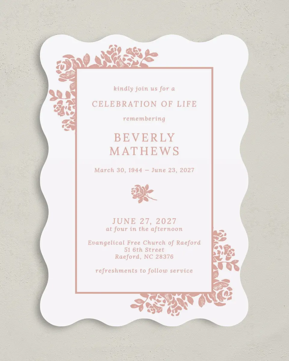 This is a 5" x 7" Celebration of Life Invitation called Beloved Blooms printed in full color with Rose Gold foil on Luxe Satin (coated) paper