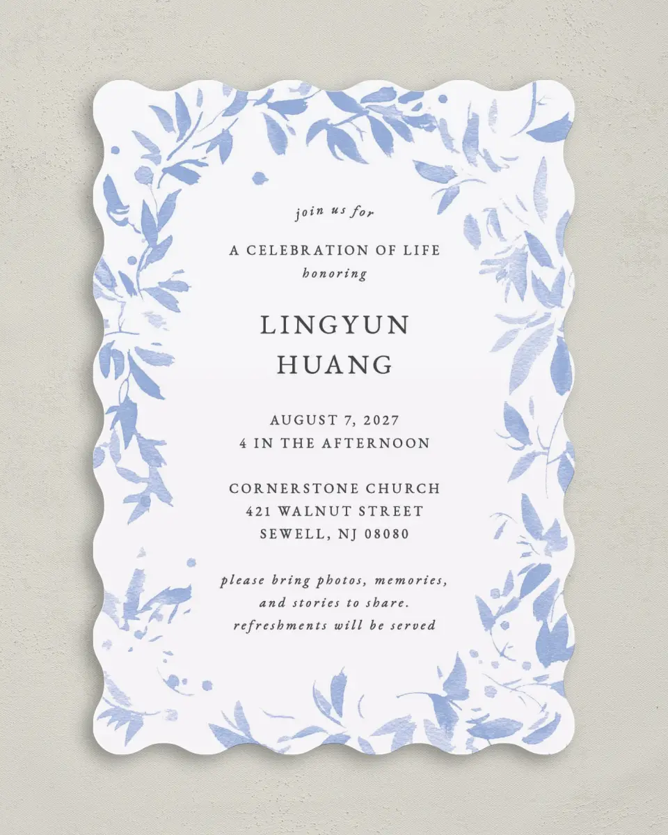 This is a 5" x 7" Celebration of Life Invitation called Gentle Botanics printed in full color with Gold foil on Luxe Satin (coated) paper