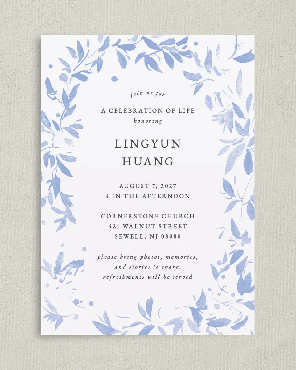This is a 5" x 7" Celebration of Life Invitation called Gentle Botanics printed in full color on Premium Smooth paper
