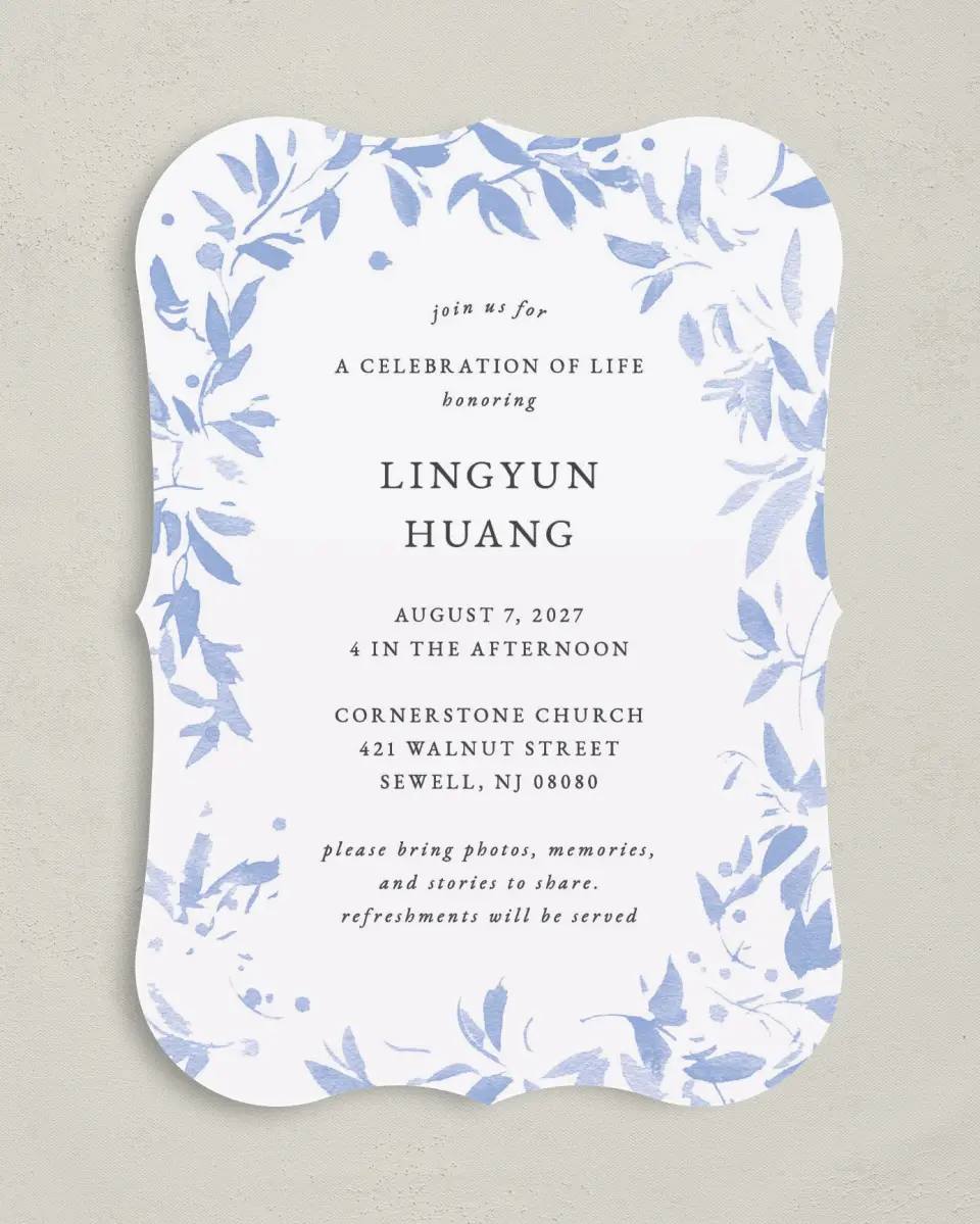 This is a 5" x 7" Celebration of Life Invitation called Gentle Botanics printed in full color on Premium Smooth paper