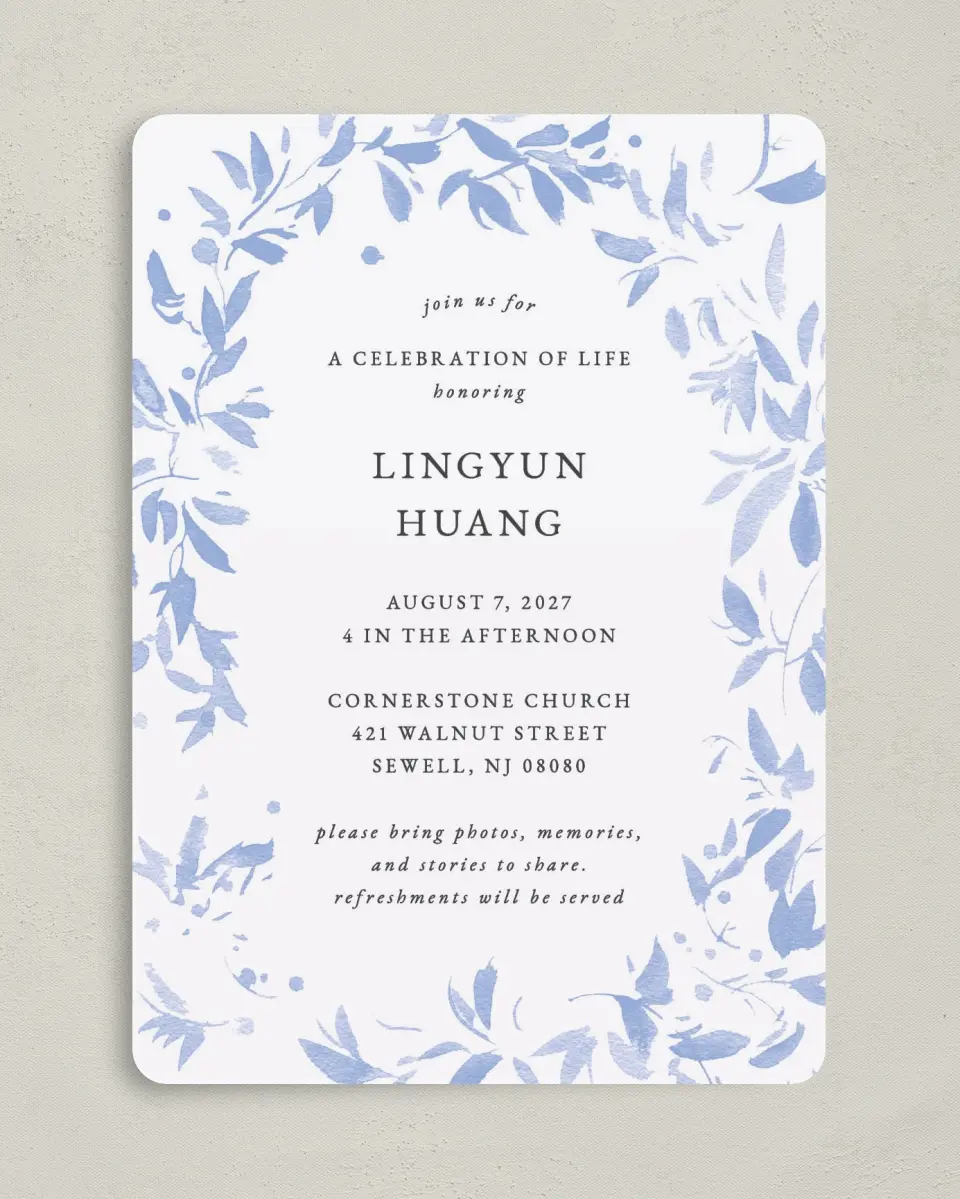 This is a 5" x 7" Celebration of Life Invitation called Gentle Botanics printed in full color with Rose Gold foil on Luxe Satin (coated) paper