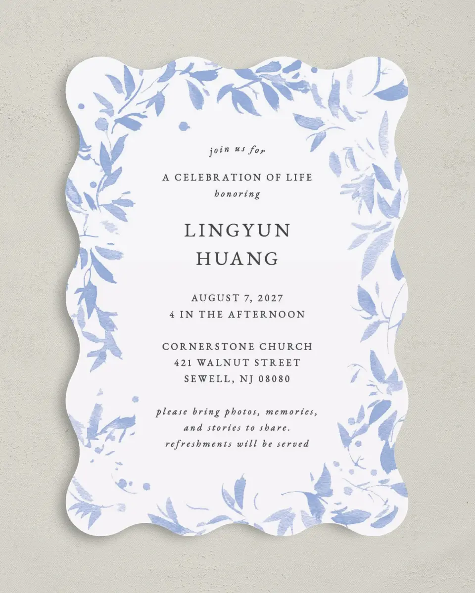 This is a 5" x 7" Celebration of Life Invitation called Gentle Botanics printed in full color with Rose Gold foil on Luxe Satin (coated) paper