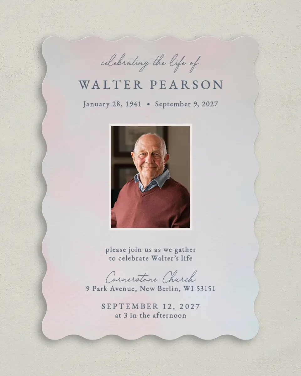 This is a 5" x 7" Celebration of Life Invitation called Peaceful Horizon printed in full color with Silver foil on Luxe Satin (coated) paper