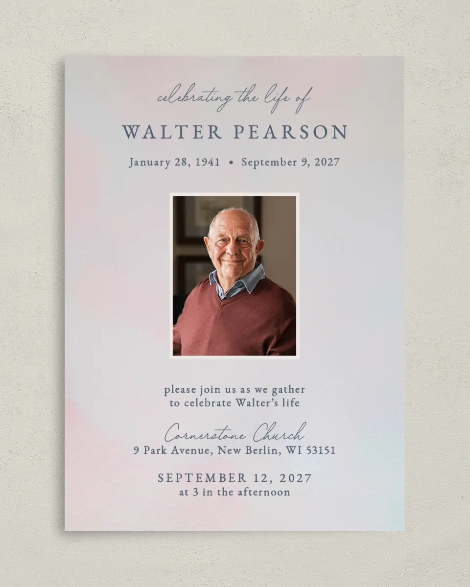 This is a 5" x 7" Celebration of Life Invitation called Peaceful Horizon printed in full color on Premium Smooth paper