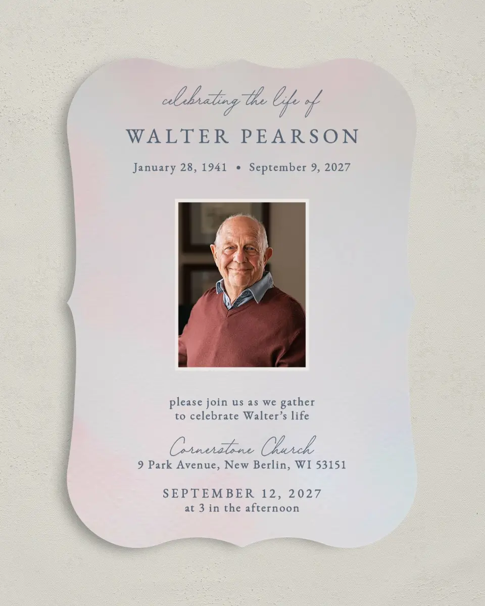 This is a 5" x 7" Celebration of Life Invitation called Peaceful Horizon printed in full color on Premium Smooth paper