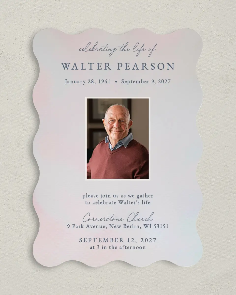 This is a 5" x 7" Celebration of Life Invitation called Peaceful Horizon printed in full color with Rose Gold foil on Luxe Satin (coated) paper