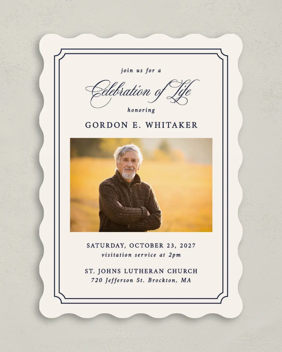 This is a 5" x 7" Celebration of Life Invitation called Framed Remembrance printed in full color with Rose Gold foil on Luxe Satin (coated) paper