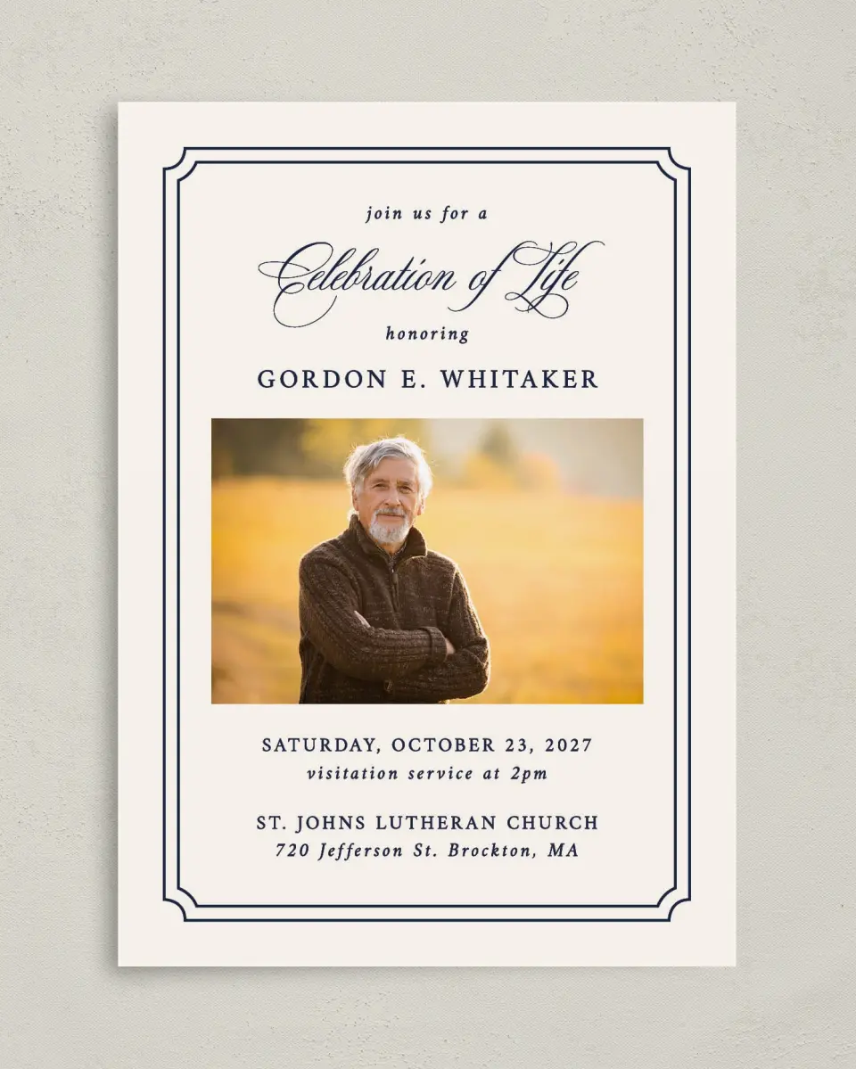 This is a 5" x 7" Celebration of Life Invitation called Framed Remembrance printed in full color on Premium Smooth paper