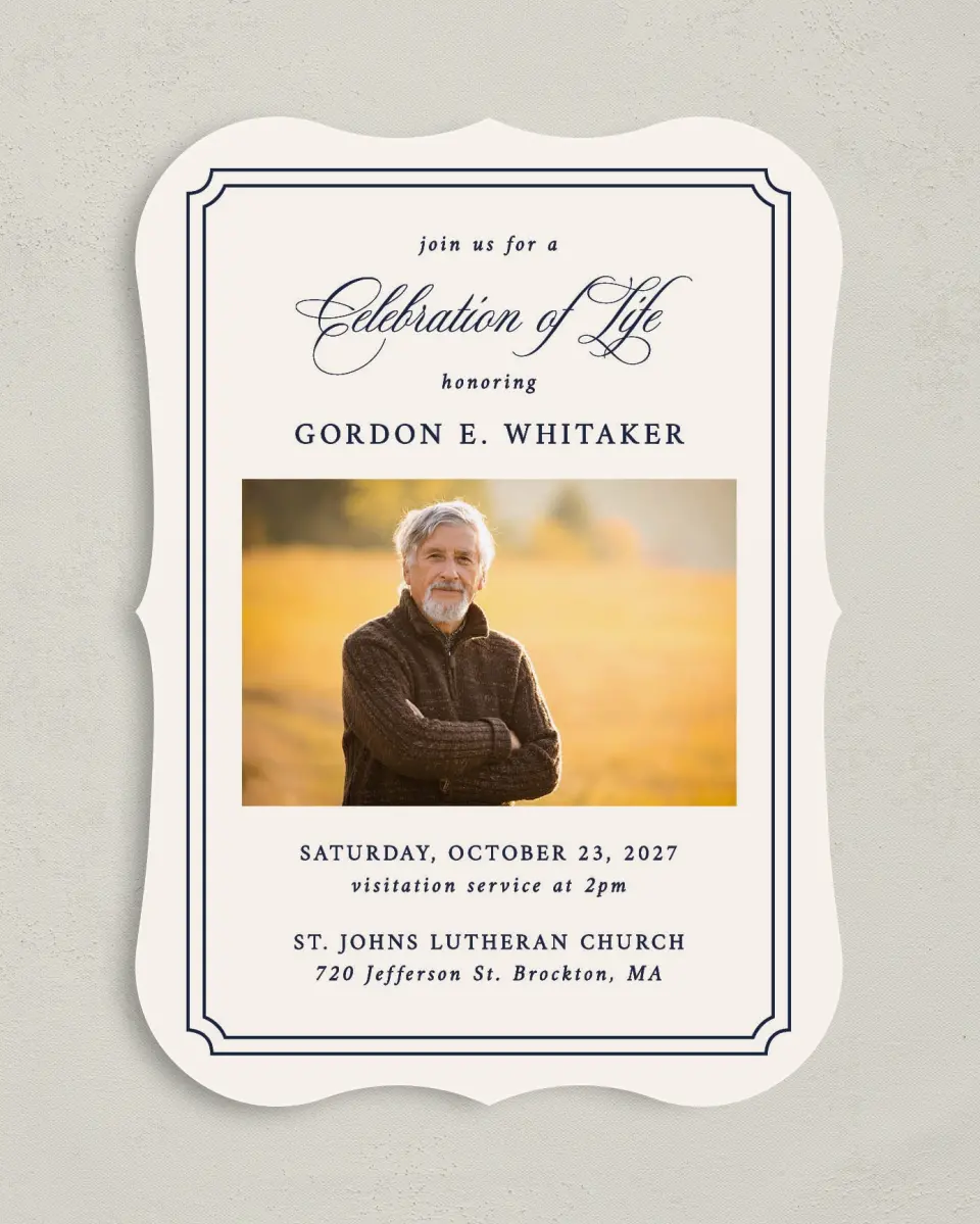 This is a 5" x 7" Celebration of Life Invitation called Framed Remembrance printed in full color on Premium Smooth paper