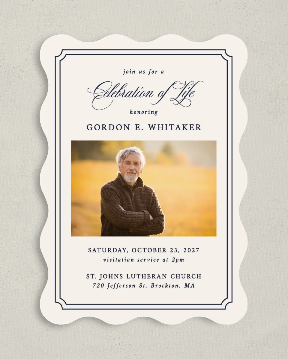 This is a 5" x 7" Celebration of Life Invitation called Framed Remembrance printed in full color with Rose Gold foil on Luxe Satin (coated) paper