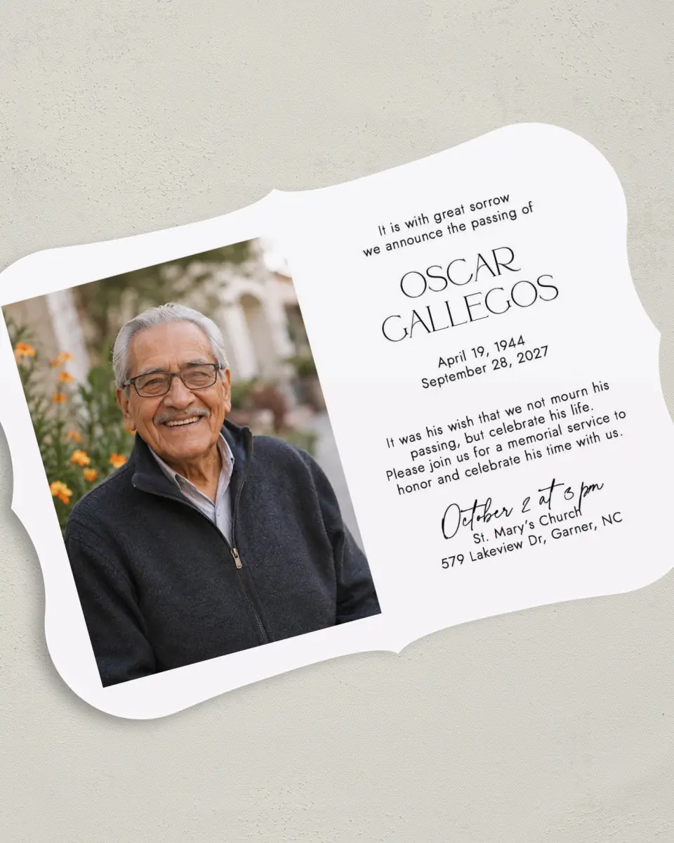 This is a 5" x 7" Celebration of Life Invitation called Honorable Life printed in full color on Premium Smooth paper