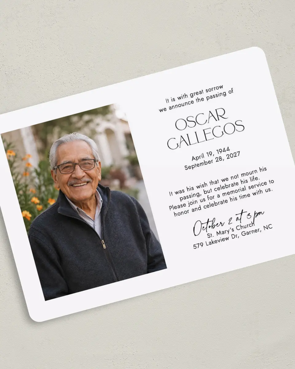 This is a 5" x 7" Celebration of Life Invitation called Honorable Life printed in full color with Rose Gold foil on Luxe Satin (coated) paper