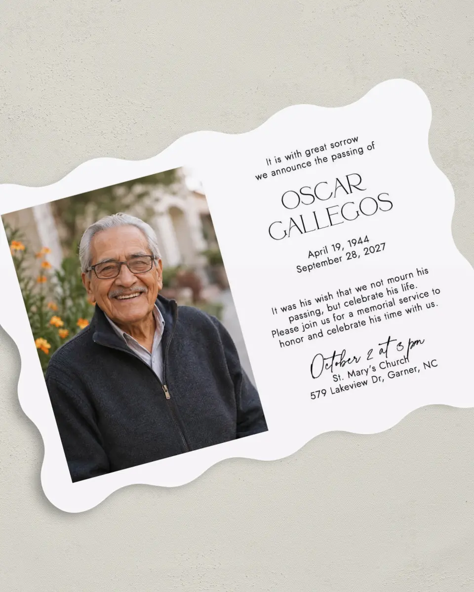 This is a 5" x 7" Celebration of Life Invitation called Honorable Life printed in full color with Rose Gold foil on Luxe Satin (coated) paper