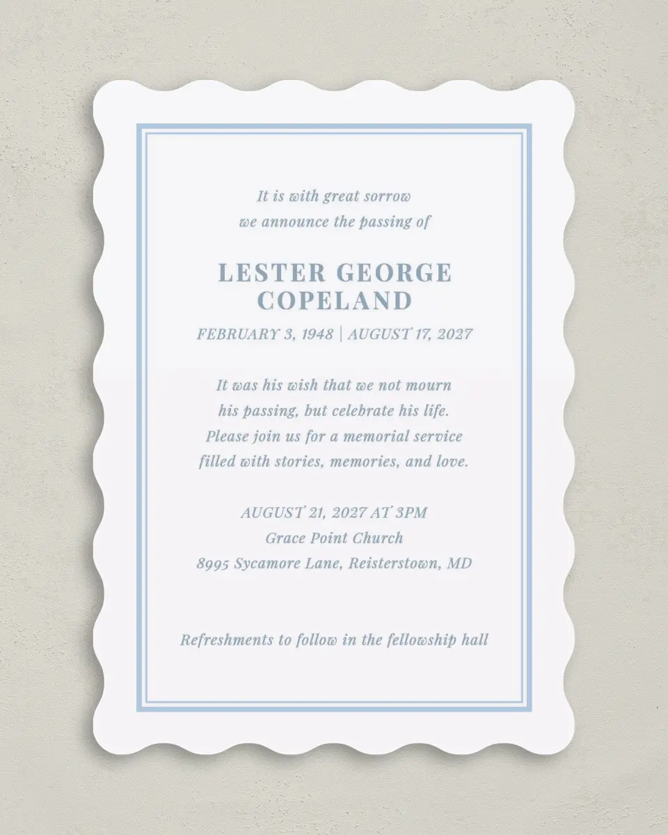 This is a 5" x 7" Celebration of Life Invitation called Forever in Frame printed in full color with Silver foil on Luxe Satin (coated) paper