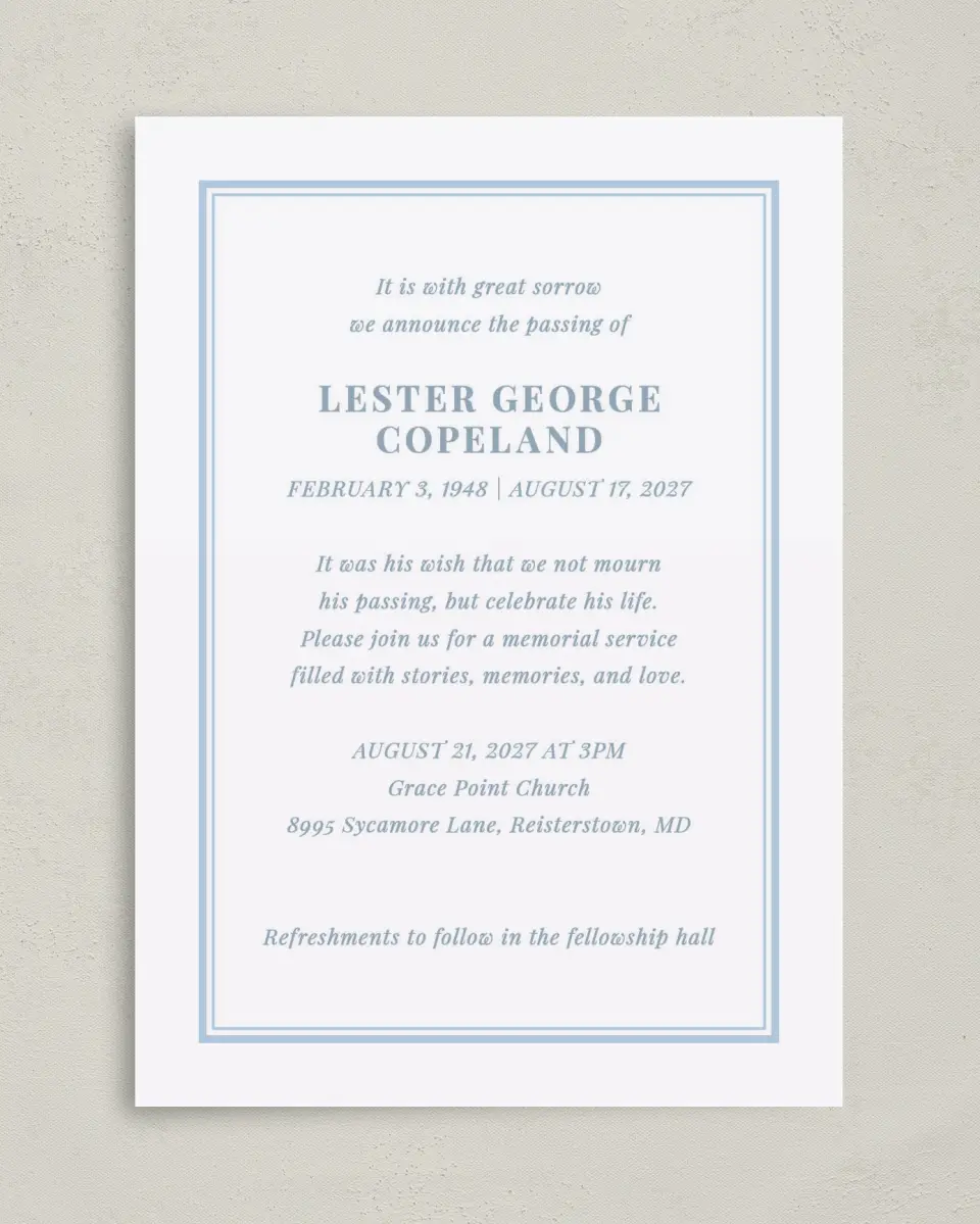 This is a 5" x 7" Celebration of Life Invitation called Forever in Frame printed in full color on Premium Smooth paper
