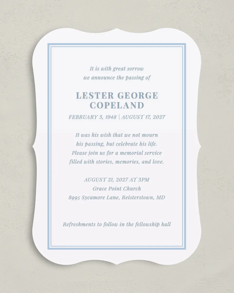 This is a 5" x 7" Celebration of Life Invitation called Forever in Frame printed in full color on Premium Smooth paper